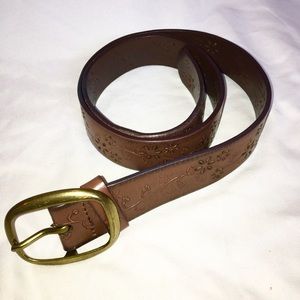 Brown Leather Floral Cutout Belt